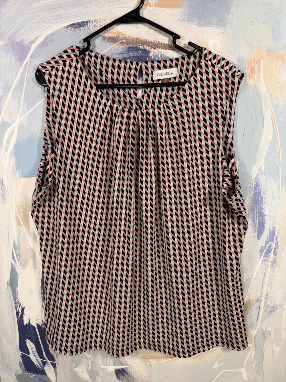 Calvin Klein 2X Geometric Print Sleeveless Shell Blouse Pink Black White Career
